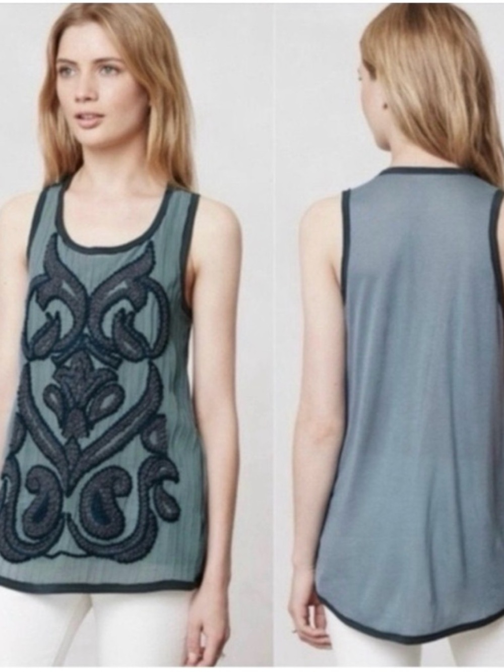 Anthropologie Dolan Acadia Embroidered Tank Top Blouse Size L Teal and Purple